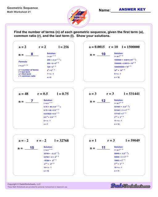 Geometric sequences worksheets including practice finding the nth term and common ratio for a sequence of numbers, or finding arbitrary nth terms in an progressions given its formula definition.Geometric Sequence Number Of Terms V1