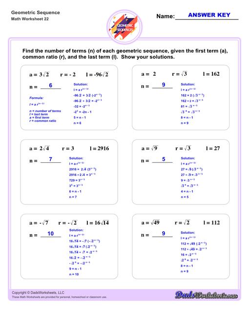 Geometric sequences worksheets including practice finding the nth term and common ratio for a sequence of numbers, or finding arbitrary nth terms in an progressions given its formula definition.Geometric Sequence Number Of Terms V2