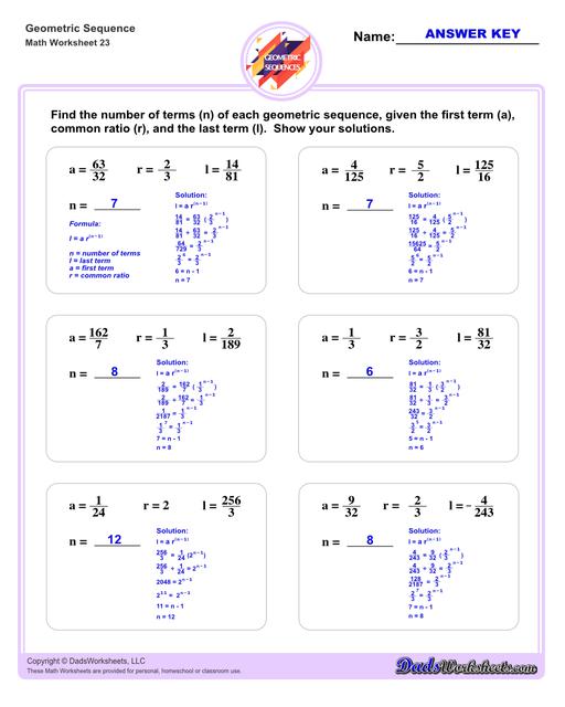 Geometric sequences worksheets including practice finding the nth term and common ratio for a sequence of numbers, or finding arbitrary nth terms in an progressions given its formula definition.Geometric Sequence Number Of Terms V3