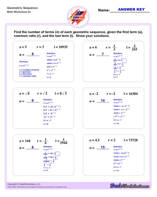 Geometric sequences worksheets including practice finding the nth term and common ratio for a sequence of numbers, or finding arbitrary nth terms in an progressions given its formula definition.Geometric Sequence Number Of Terms V4