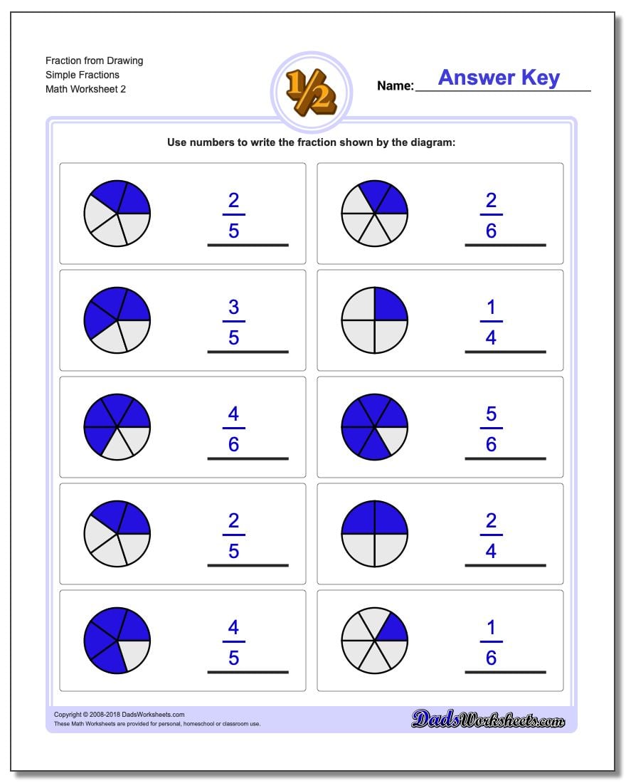 Fraction Worksheet from Drawing Simple Fractions www.dadsworksheets.com/worksheets/graphic-fractions.html
