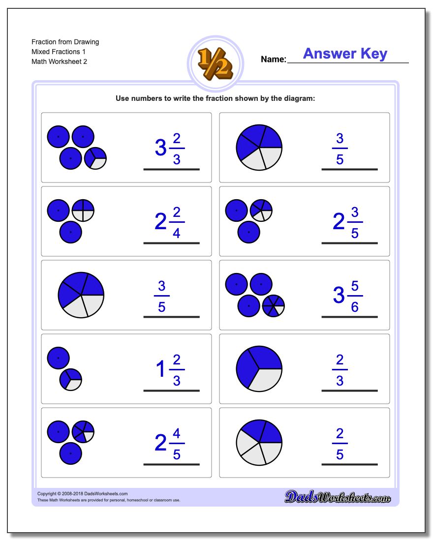 Fraction Worksheet from Drawing Mixed Fractions 1 www.dadsworksheets.com/worksheets/graphic-fractions.html