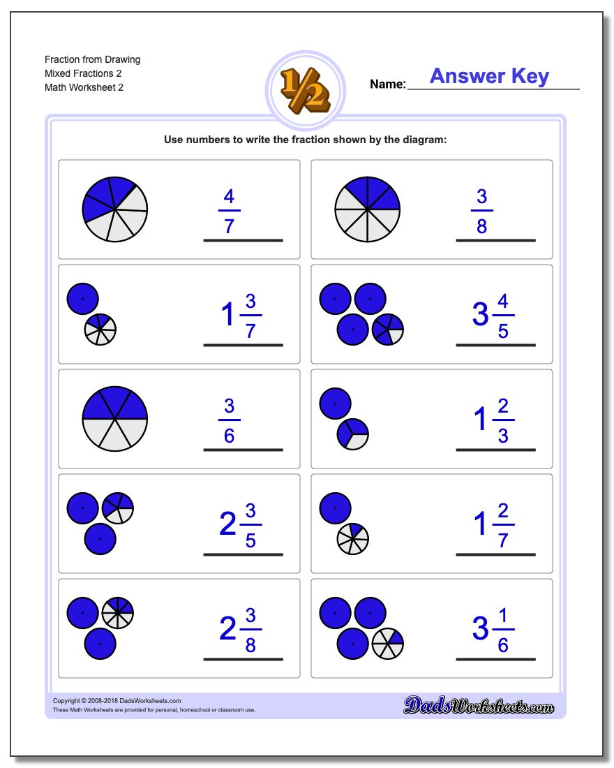 Fraction Worksheet from Drawing Mixed Fractions 2 www.dadsworksheets.com/worksheets/graphic-fractions.html