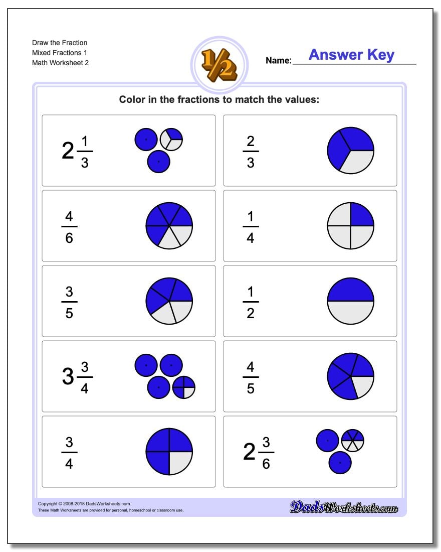 Draw the Fraction Worksheet Mixed Fractions 1 www.dadsworksheets.com/worksheets/graphic-fractions.html