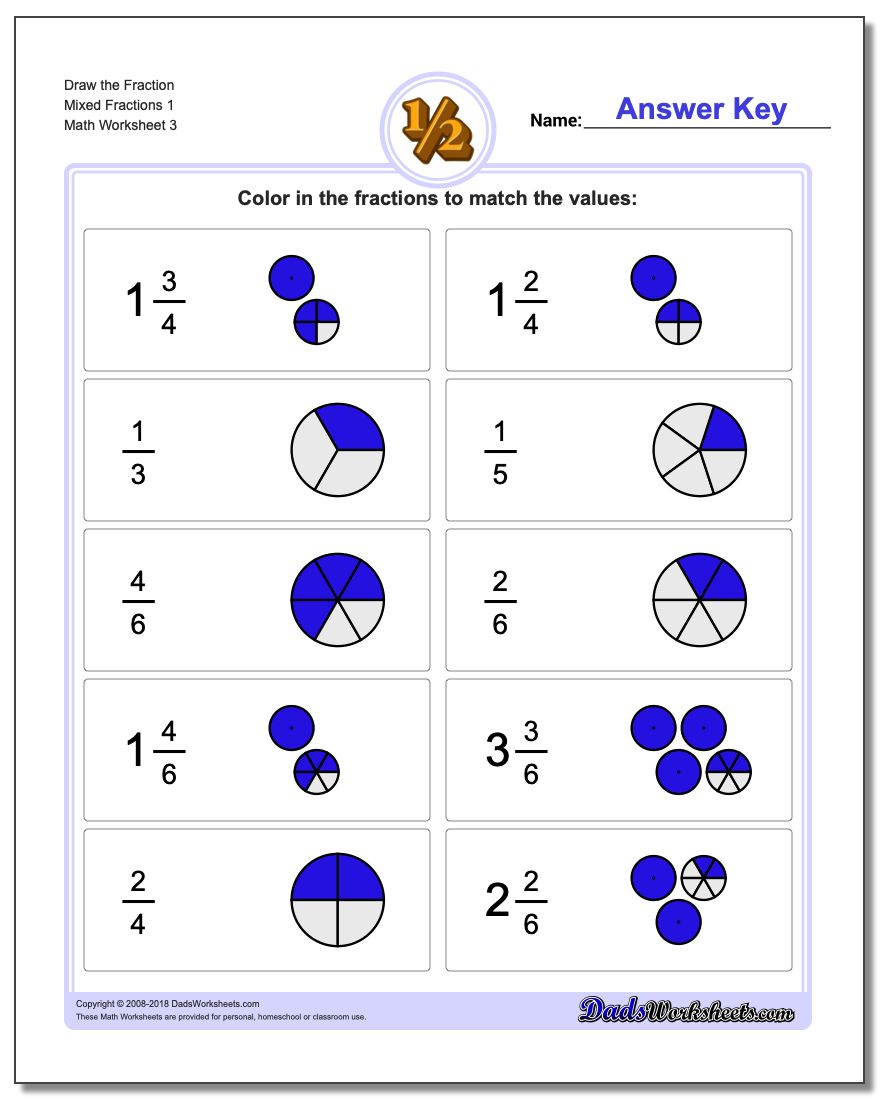 Draw the Fraction Worksheet Mixed Fractions 1