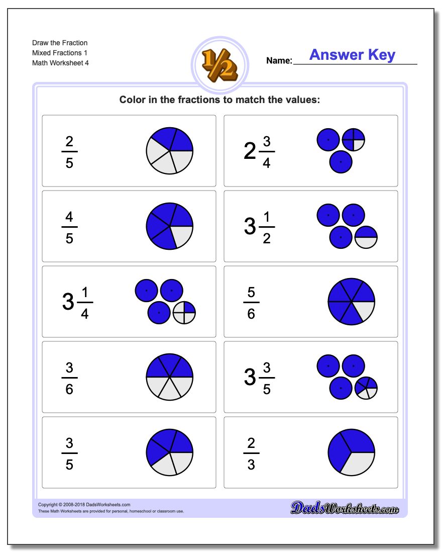 Draw the Fraction Worksheet Mixed Fractions 1