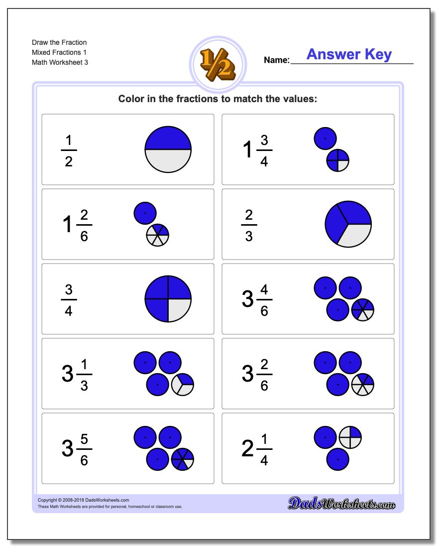 Draw the Fraction Worksheet Mixed Fractions 1