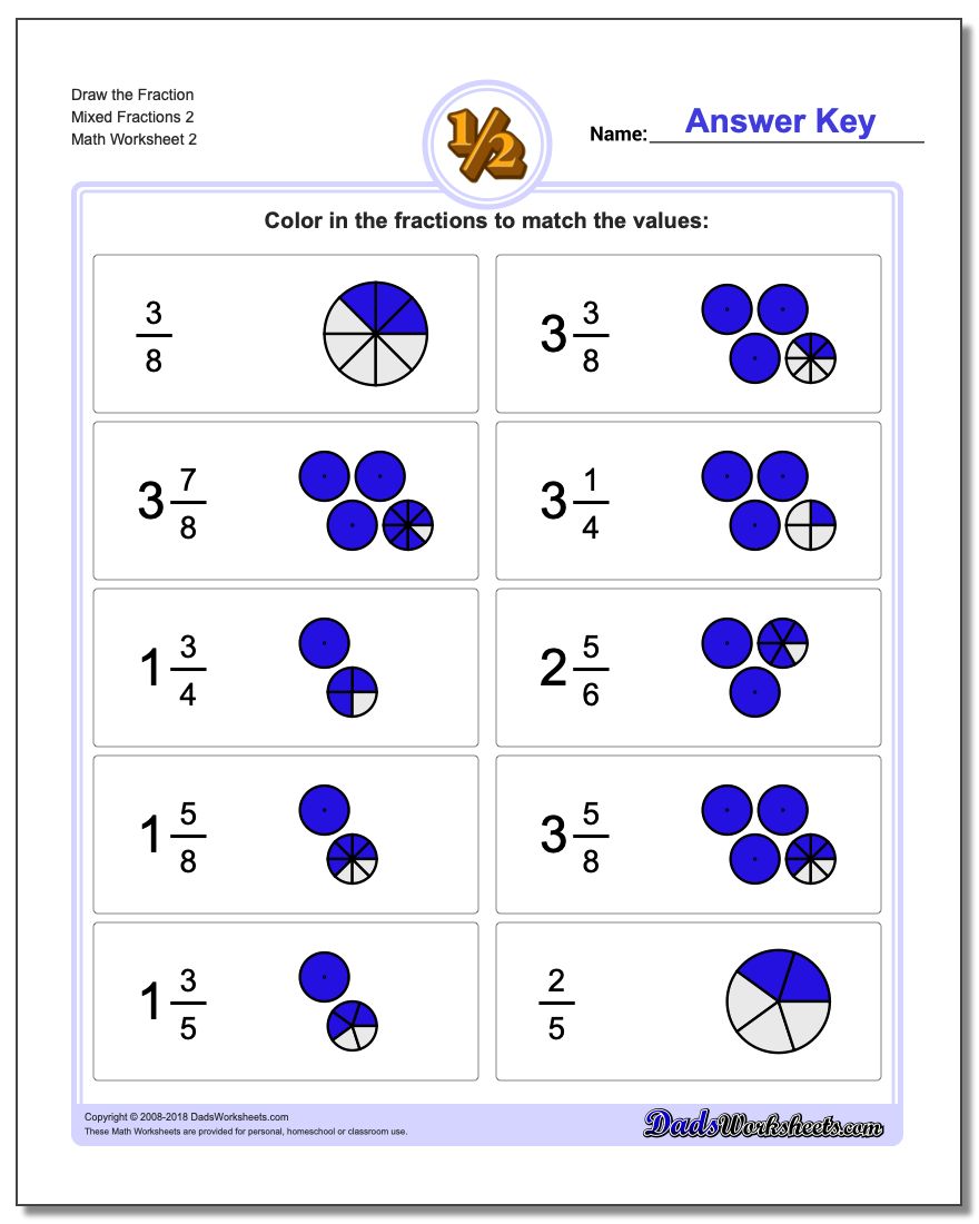 Draw the Fraction Worksheet Mixed Fractions 2 www.dadsworksheets.com/worksheets/graphic-fractions.html