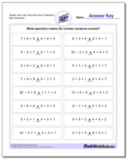 Greater Than and Less Than Worksheet with Order of Operations