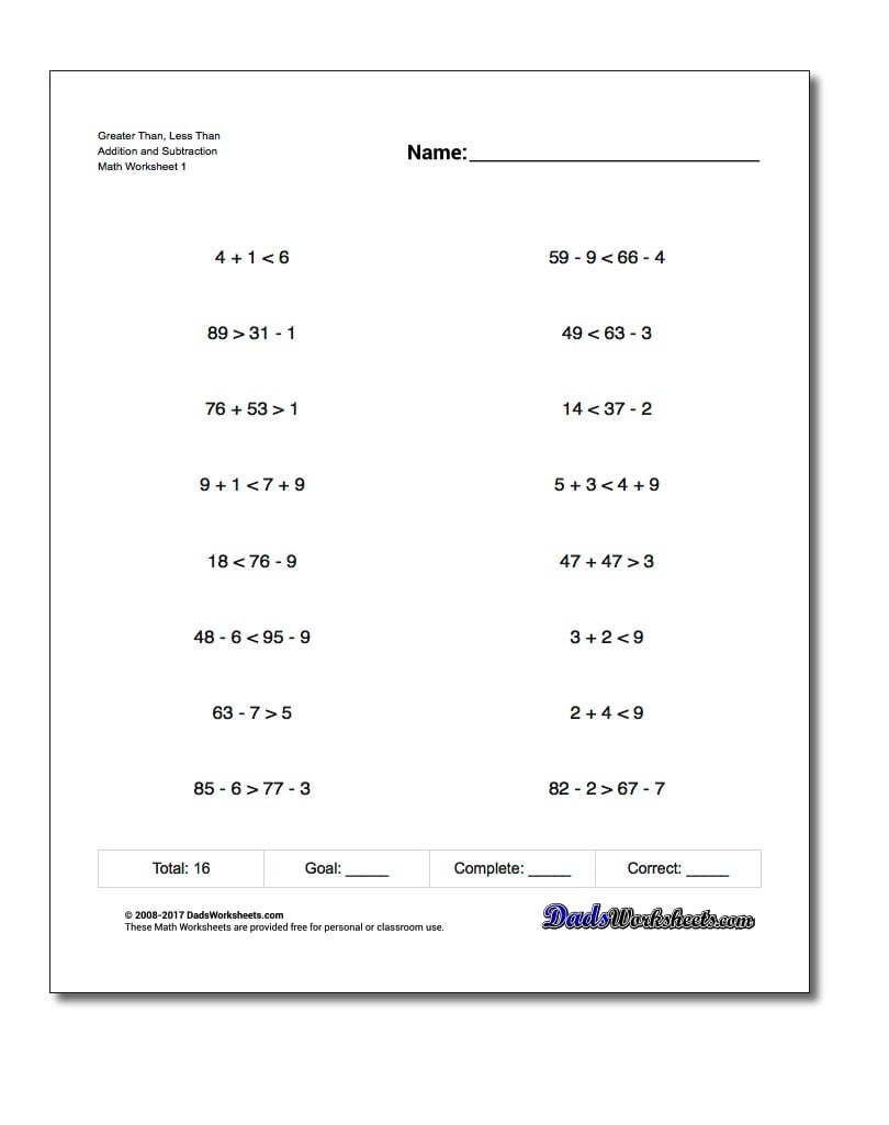 Greater than and less than math worksheets