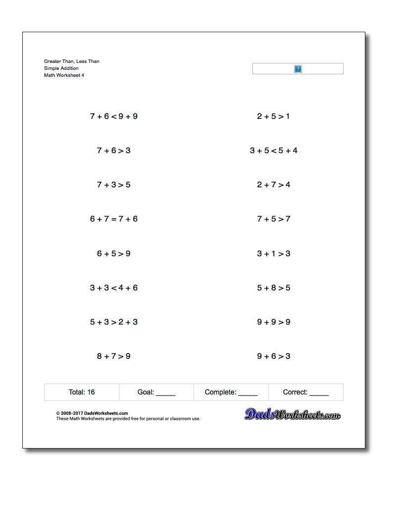 Greater Than, Less Than Worksheet Simple Addition Worksheet