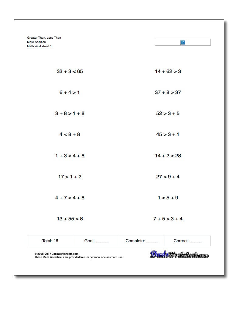 Greater Than and Less Than Worksheet More Addition Worksheet