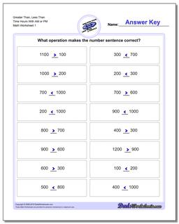 Greater Than and Less Than Worksheet Time Hours With AM or PM