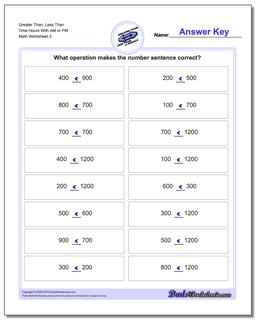 Greater Than, Less Than Worksheet Time Hours With AM or PM