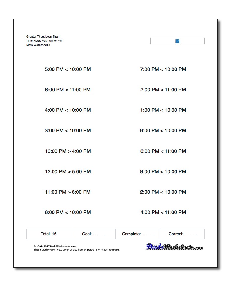 Greater Than, Less Than Worksheet Time Hours With AM or PM