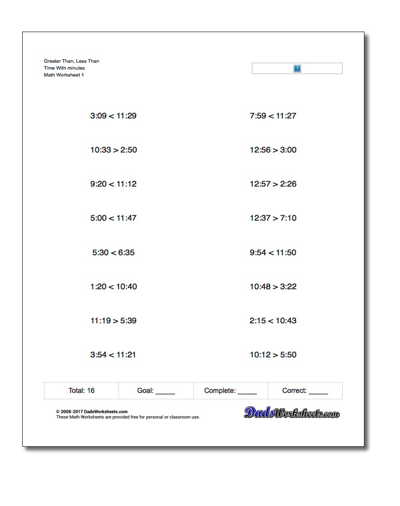 Greater Than and Less Than Worksheet for Time