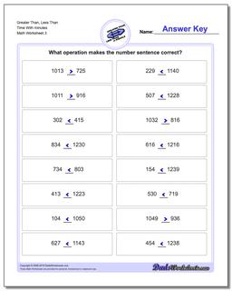 Greater Than, Less Than Worksheet Time With minutes