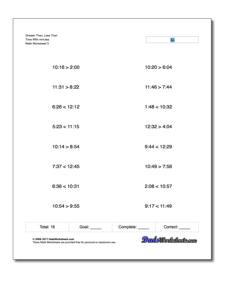 Greater Than, Less Than Worksheet Time With minutes