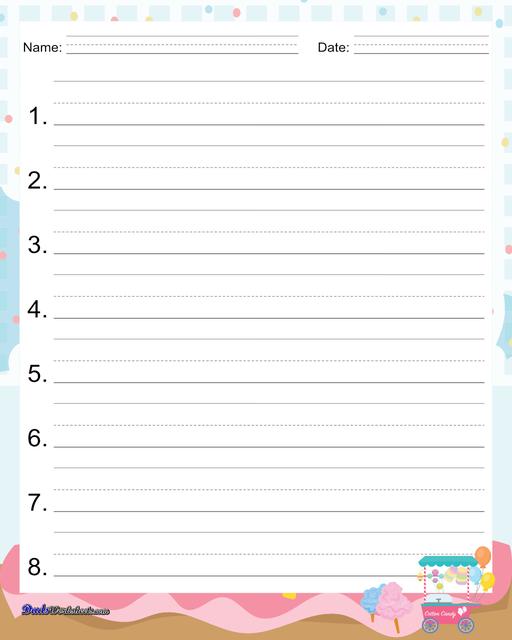 Themed handwriting paper perfect for writing practice, spelling tests and more! Be sure to browse for other PDF printables!  Handwriting Paper Cotton Candy Numbered Three Quarter Inch With Name