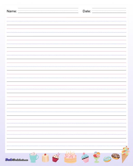 Themed handwriting paper perfect for writing practice, spelling tests and more! Be sure to browse for other PDF printables!  Handwriting Paper Desserts Half Inch With Name