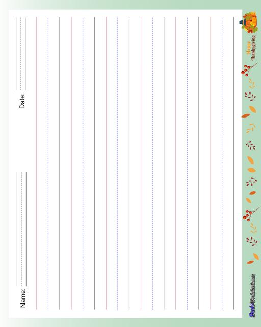 Themed handwriting paper perfect for writing practice, spelling tests and more! Be sure to browse for other PDF printables!  Handwriting Paper Thanksgiving Landscape Three Quarter Inch With Name