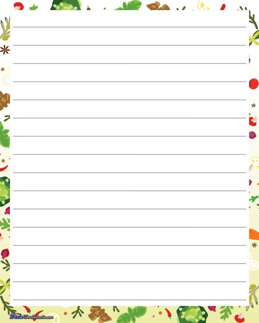 Themed handwriting paper perfect for writing practice, spelling tests and more! Be sure to browse for other PDF printables!  Handwriting Paper Vegetables Lined Three Eighths Inch Template
