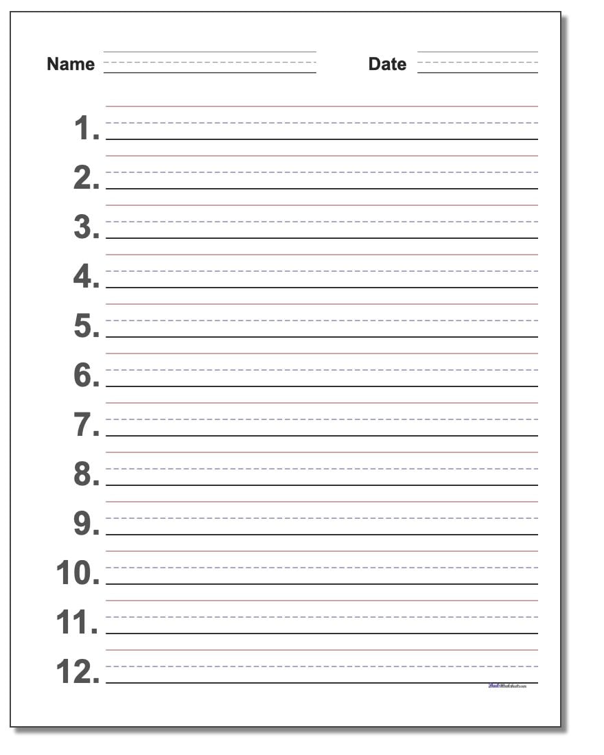 Numbered Half Inch with Name Handwriting Paper