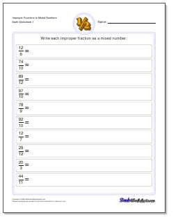 Printable improper fractions to mixed numbers worksheet with answer key