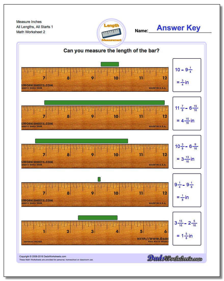 Measure Inches All Lengths, All Starts 1 www.dadsworksheets.com/worksheets/inches-measurement.html Worksheet