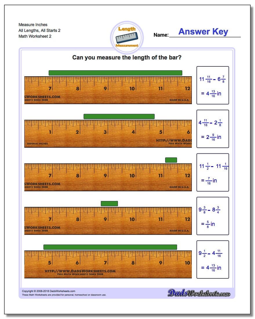 Measure Inches All Lengths, All Starts 2 www.dadsworksheets.com/worksheets/inches-measurement.html Worksheet