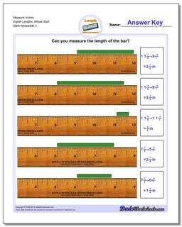 Measure Inches Eighth Lengths, Whole Start Worksheet