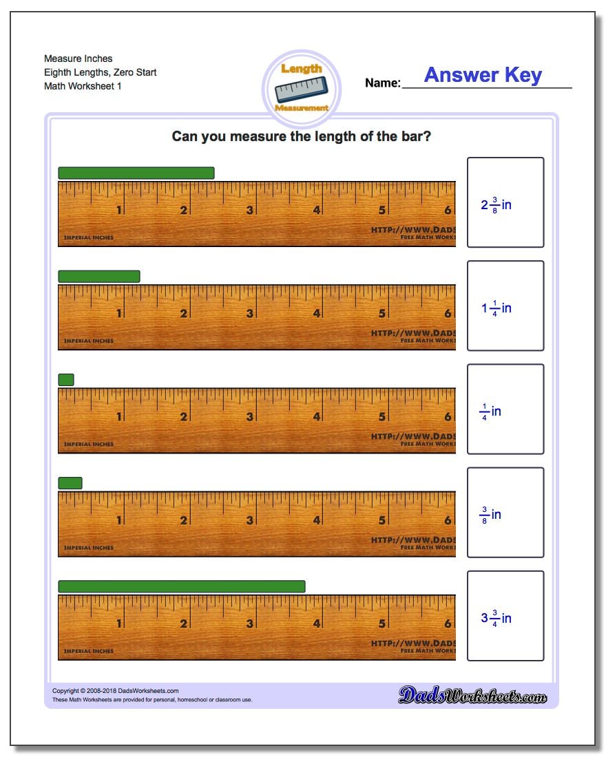 Inches Measurement Worksheet Measure Eighth Lengths, Zero Start
