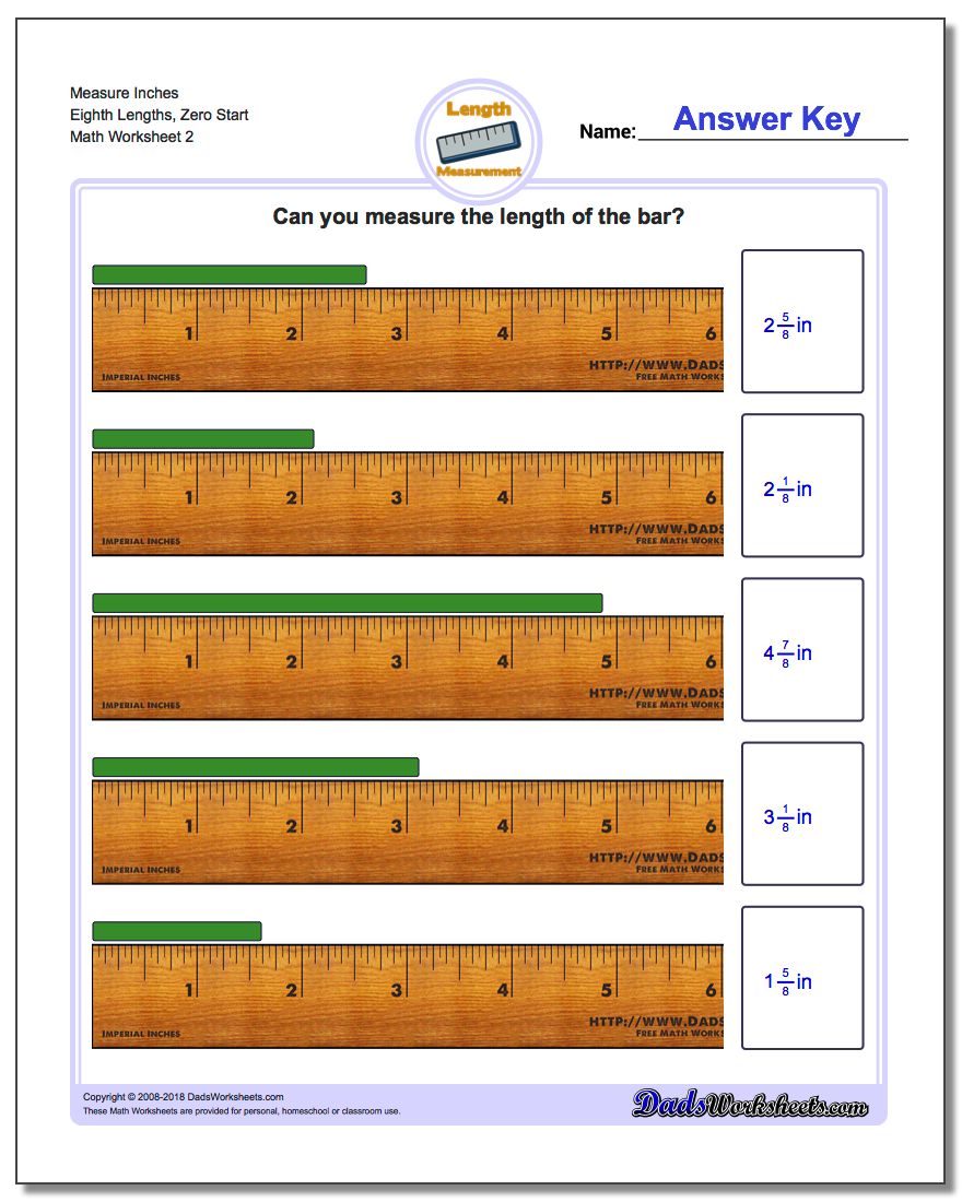 Measure Inches Eighth Lengths, Zero Start www.dadsworksheets.com/worksheets/inches-measurement.html Worksheet