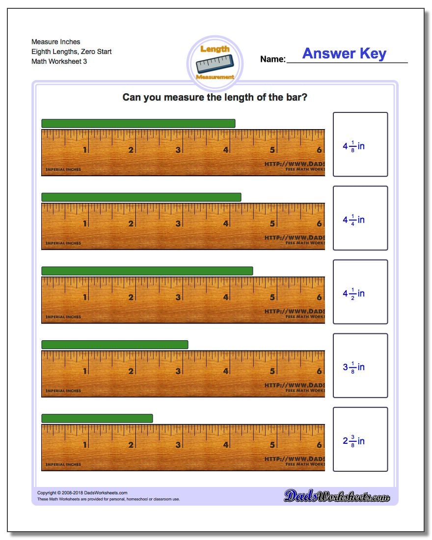 Measure Inches Eighth Lengths, Zero Start Worksheet