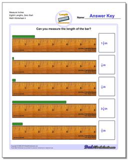 Measure Inches Eighth Lengths, Zero Start Worksheet