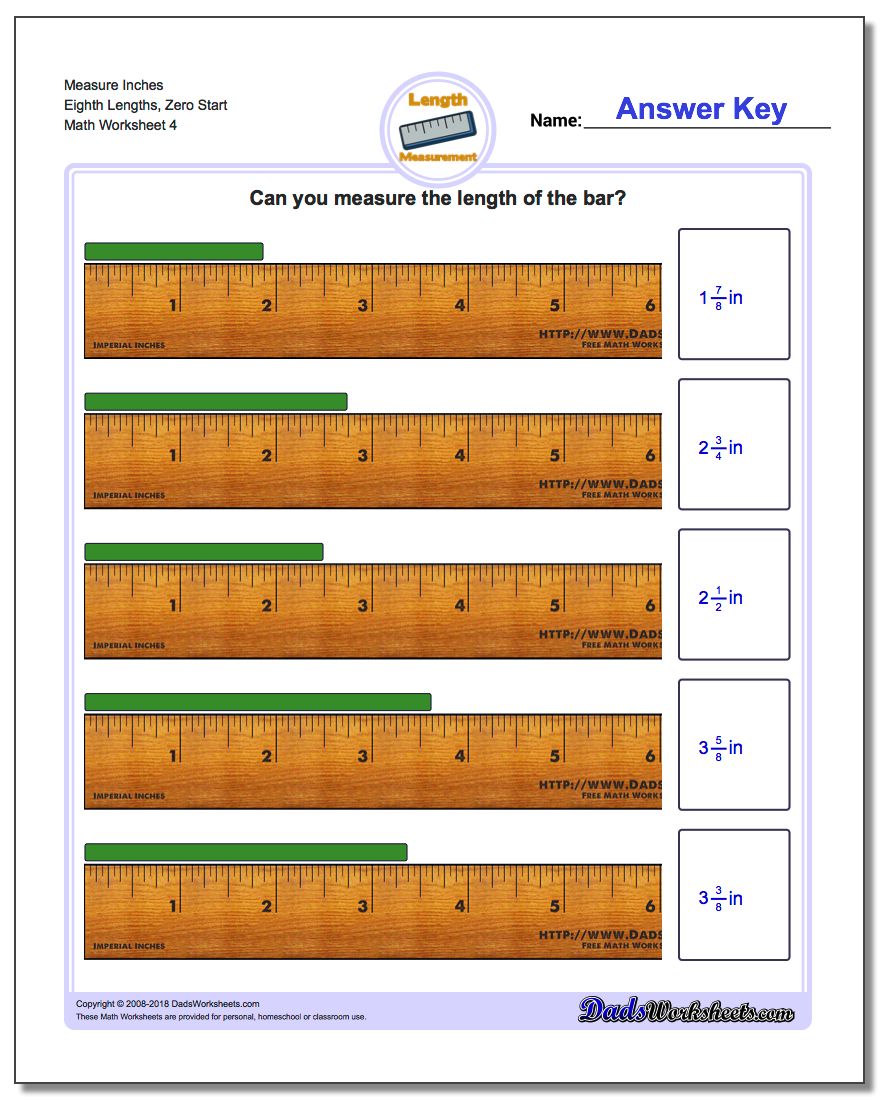 Measure Inches Eighth Lengths, Zero Start Worksheet