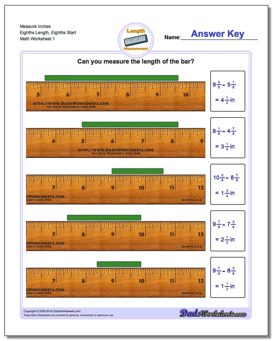 Inches Measurement Worksheet Measure Eighths Length, Eighths Start