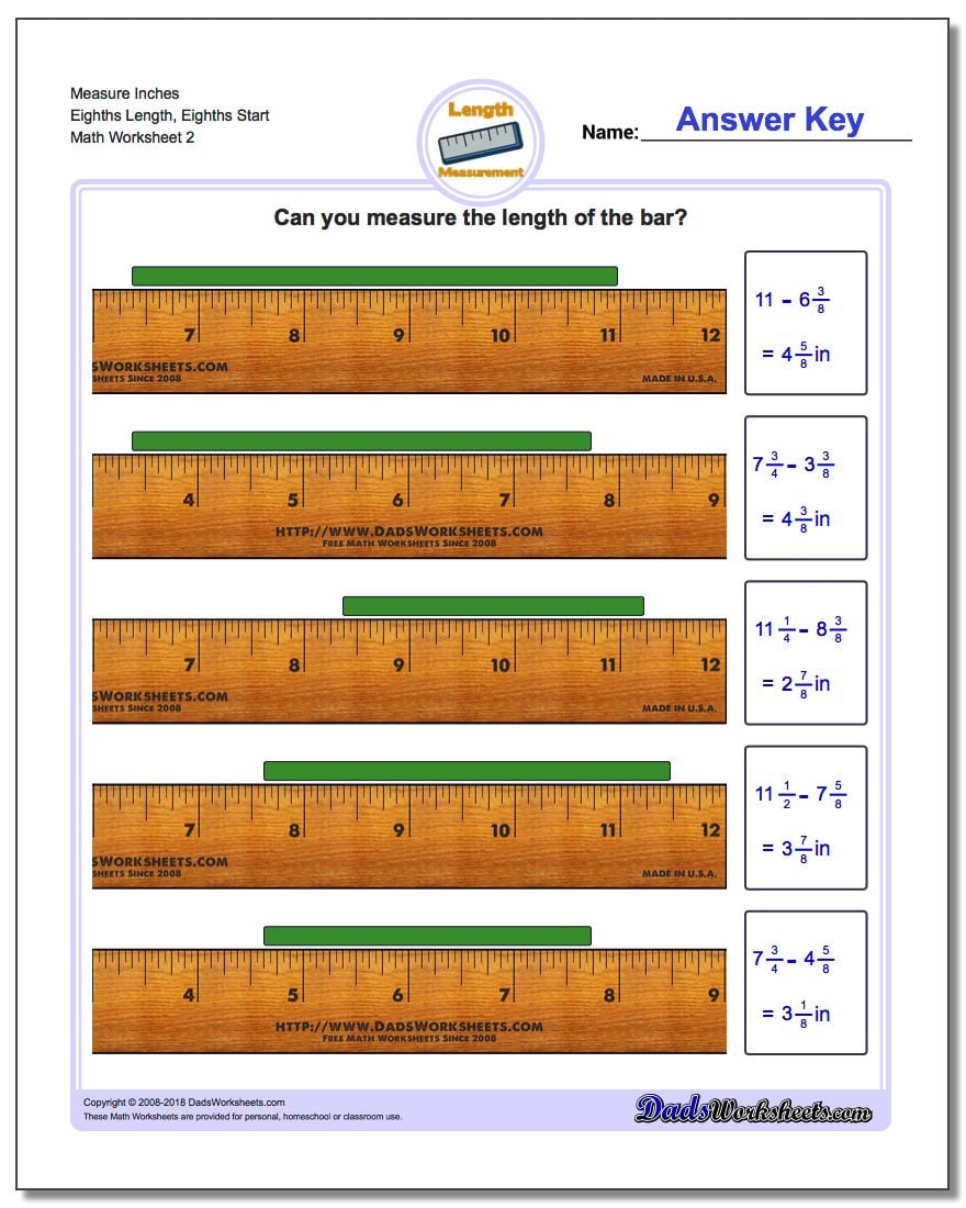 Measure Inches Eighths Length, Eighths Start www.dadsworksheets.com/worksheets/inches-measurement.html Worksheet