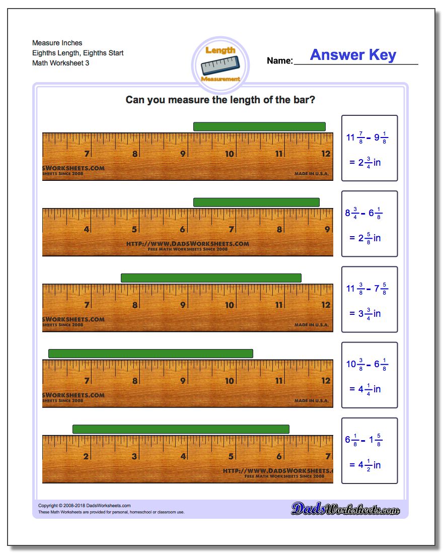 Measure Inches Eighths Length, Eighths Start Worksheet