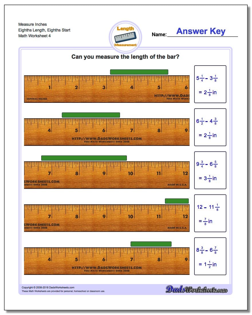 Measure Inches Eighths Length, Eighths Start Worksheet