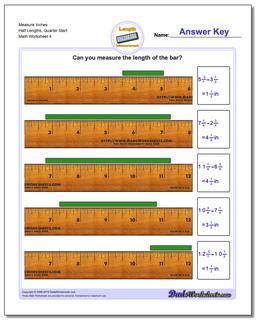 Measure Inches Half Lengths, Quarter Start Worksheet