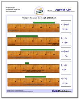 Measure Inches Half Lengths, Whole Start Worksheet