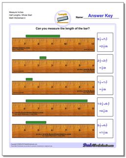 Measure Inches Half Lengths, Whole Start Worksheet