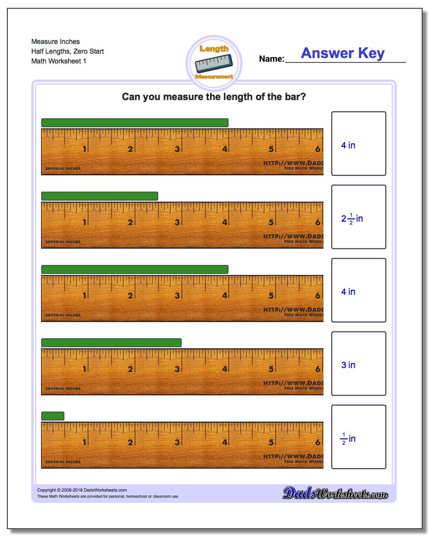 Inches Measurement Worksheet Measure Half Lengths, Zero Start
