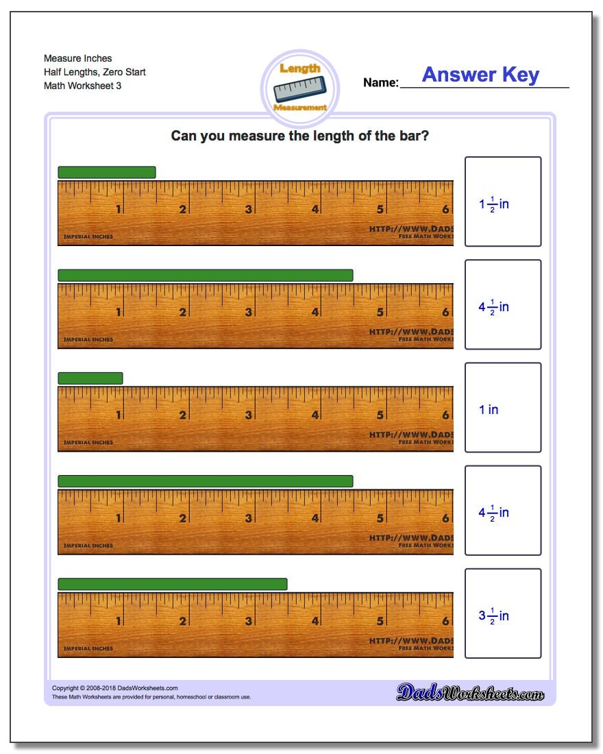 Measure Inches Half Lengths, Zero Start Worksheet