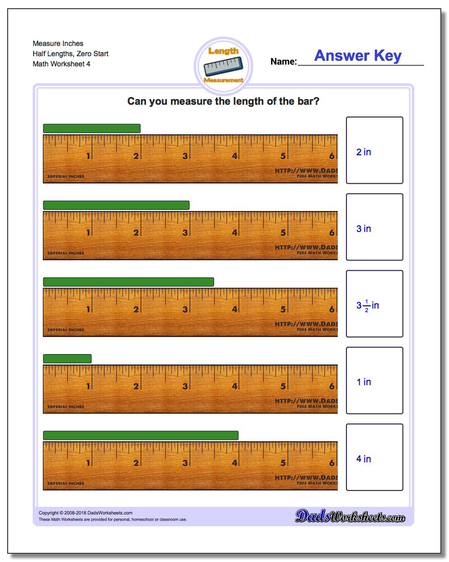 Measure Inches Half Lengths, Zero Start Worksheet