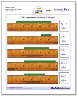 Measure Inches Quarter Lengths, Whole Start Worksheet