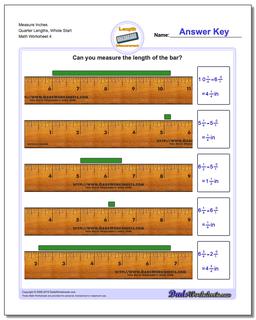 Measure Inches Quarter Lengths, Whole Start Worksheet