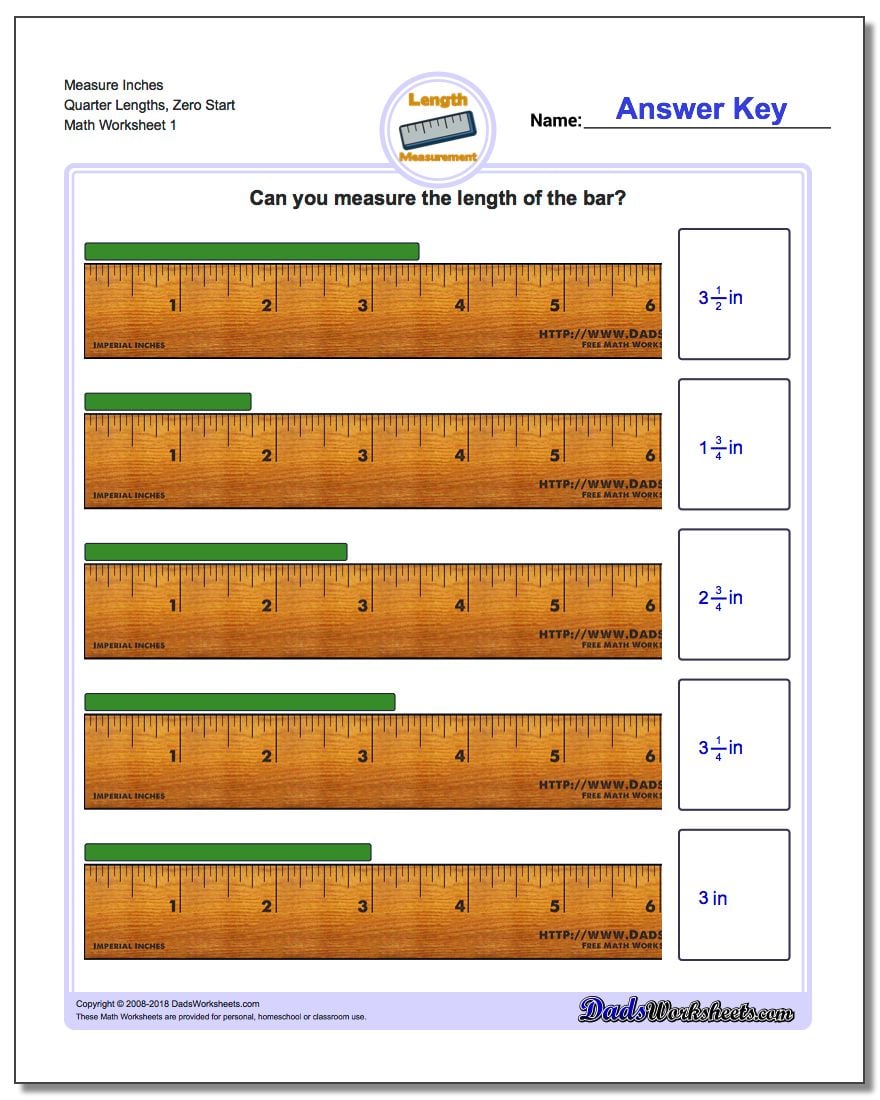 Inches Measurement Worksheet Measure Quarter Lengths, Zero Start