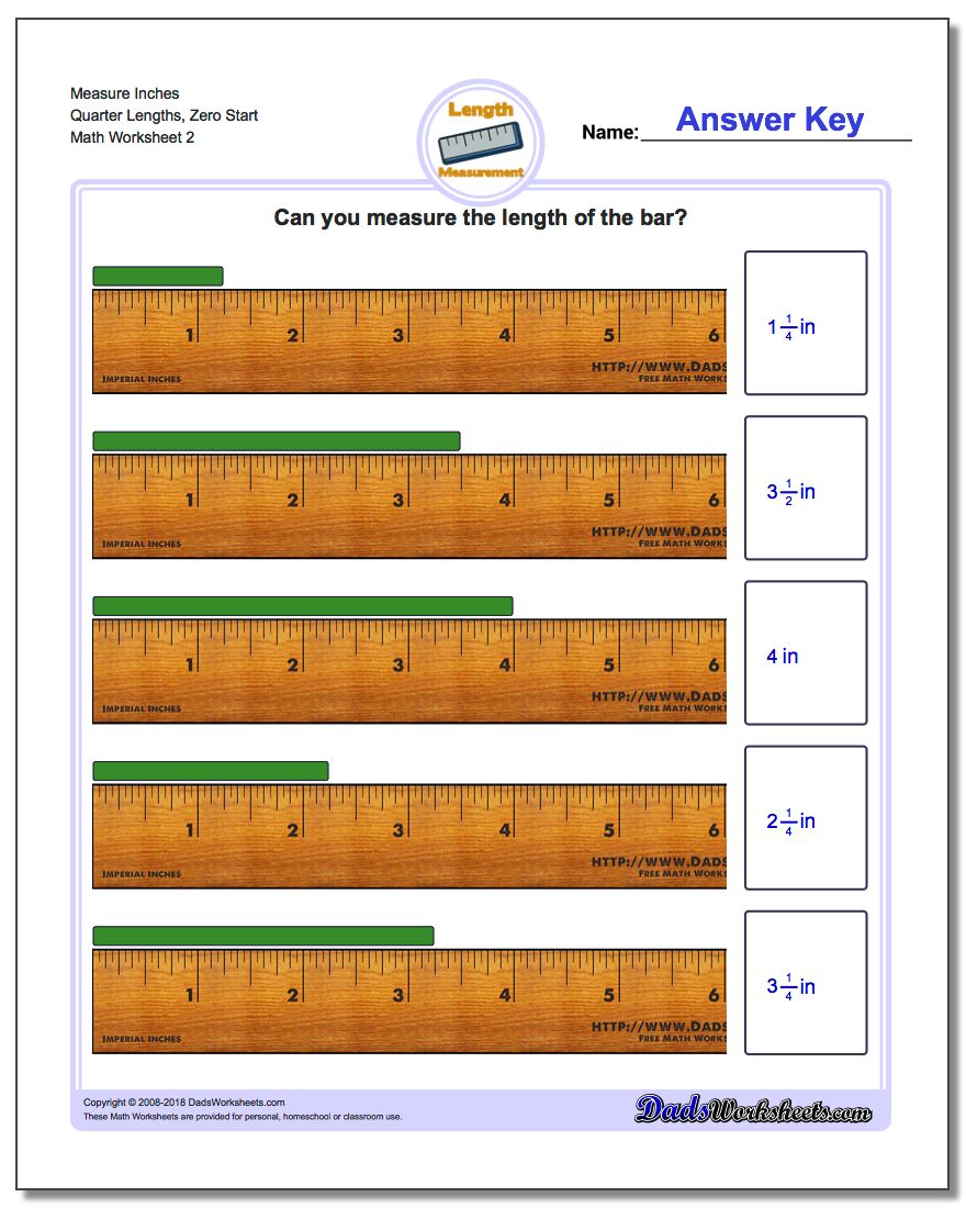 Measure Inches Quarter Lengths, Zero Start www.dadsworksheets.com/worksheets/inches-measurement.html Worksheet
